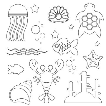 black and white image of marine life and objects of the marine world isolated on a white background. Silhouettes of subjects of marine subjects. Vector illustration