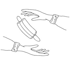 Two hands with a medical mask. Line art. Vector illustration.