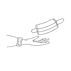 Hand with a medical mask. Line art. Vector illustration.