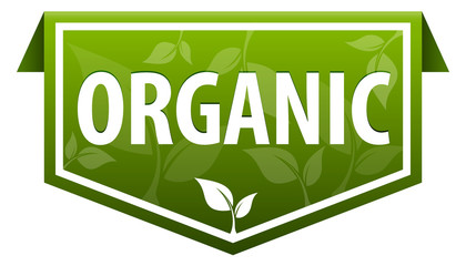 Fototapeta premium Organic text on green tag ribbon banner with sprouts icon isolated on white background. leaves in the background organic symbol.