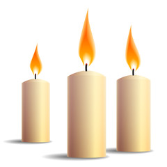 Three Burning Candles 3d realistic icon isolated on white background. Paraffin or wax burning candles for ceremony.