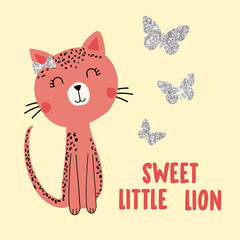 little sweet animal lion glitter butterfly girl tee illustration art vector