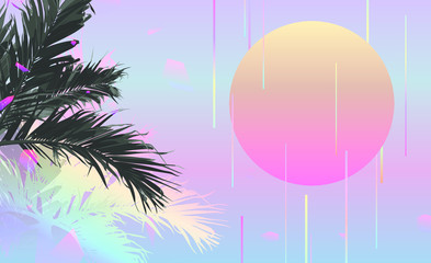 Tropical palm tree, beach background. vintage/ retro futuristic vaporwave minimal background