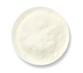 Ceramic bowl of flour isolated on white background Top view