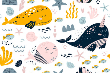 Meisje zee patroon. Meisjes nautische naadloze patroon schattige zeedieren grappige walvissen kinderen textiel kleding pakketontwerp