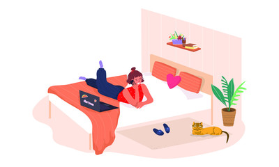 Teen girl lying on the bed, chatting on the phone and laughing. Happy girl at home resting and chatting on the phone. Vector flat illustration.