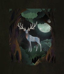 Fairytale cover illustration silver king stag in front of dark magic forest and fool moon
