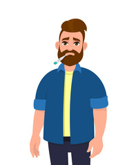 Young hipster man with a thermometer in his mouth. Trendy person suffering from cold and flu. Unhealthy male character checking temperature. Health care lifestyle. Cartoon illustration in vector.