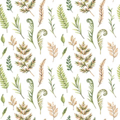 Greenery watercolor seamless pattern. Botanical background with green branches, leaves and fern illustrations. Floral Design. Perfect for invitations, wrapping paper, textile, fabric, poster, packing