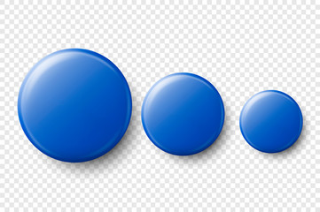 Vector 3d Realistic Blue Metal, Plastic Blank Button Badge Set Different Sizes Closeup Isolated on Transparent Background. Top View. Template for Branding Identity, Graphic Presentations. Mock-up