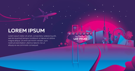 Banner inspired by 80s disco music, 3d background, neon, Las Vegas, Nevada at sunset, travel, tourism. © RomchikDL