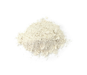 Pile of integral spelt wheat flour isolated on white background