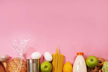 food on a rose background, a view of the top of the layout