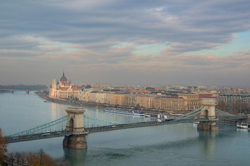Fototapeta na wymiar Budapest Cityscape with Szechenyi Chain Bridge and Danube River. Budapest, Hungary