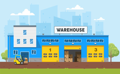 Warehouse building. The loader carries goods to the warehouse. Different pallets and boxes. Logistics. Flat vector illustration