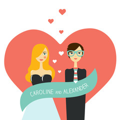 Wedding love cartoon couple. Art flat illustration. Character heads, avatar. Valentine design.