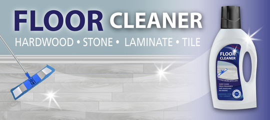 Floor cleaner. Disinfectant cleaner for washing floors. Mop cleaning. Package design realistic illustration. Advertisement poster layout or horizontal banner.