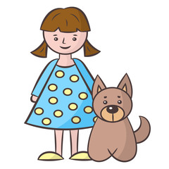 A little girl in a blue dress and a dog