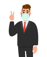 Young business man wearing medical mask and showing victory, peace sign. Trendy hipster person covering face protection and gesturing hand symbol. Male character cartoon illustration in vector style.