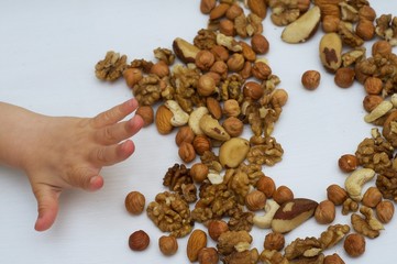Different nuts and baby’s hand. Brazil nuts, walnuts and hazelnuts on white wooden background. Healthy food concept. Vegetarian food. Raw food 