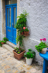 Fototapeta na wymiar Decorative flower pots in the streets of Krk town on the island Krk in Croatia