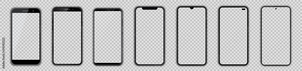 Poster Set different black models smartphone with empty touch screen, model mobile - vector