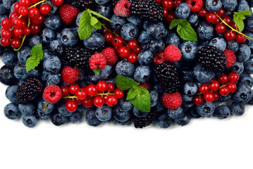 Blackberry, raspberry, blueberry,  red currant and mint background.