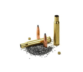 A rifle bullet, empty shell, gunpowder on white background. Hunting ammunition isolated on white.