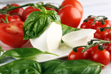 Mozzarella. Traditional italian food. White ball mozzarella buffalo Italian soft cheese with tomato and fresh basil