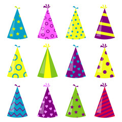 Twelve unique, bright, colored, festive caps on a white background. Hats in the shape of a cone for various happy holidays. Vector illustration. Stock Photo.