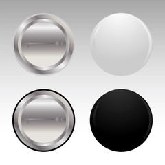 Black and white round empty badges on two sides on a gray background. Reverse side of the badge with a latch. Vector illustration. Stock Photo.
