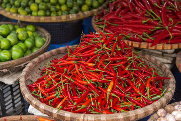 Baskets with pepper on the traditional  street market, Hanoi, Vietnam.