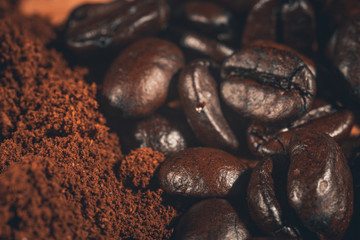 Coffee beans macro photography filtered in vintage style. Preparing coffee close up.