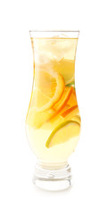 Glass of tasty cold ice tea on white background