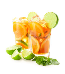 Glasses of tasty cold ice tea on white background
