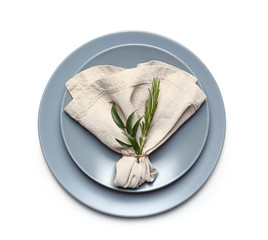 Beautiful table setting on white background