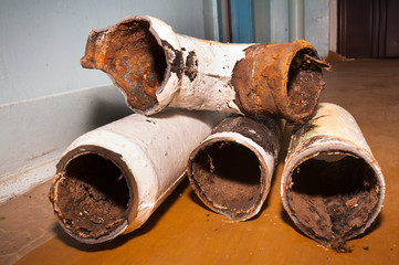 Replacing old sewer pipes in an apartment of a multi-storey residential building. The dismantled...