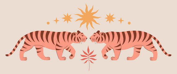 Modern abstract art print with cute tigers, tropical branch, stars. Boho style. Cosmic minimalistic scene. Isolated elements. Protect wild animals poster. Pastel colors clipart image. Magic concept.