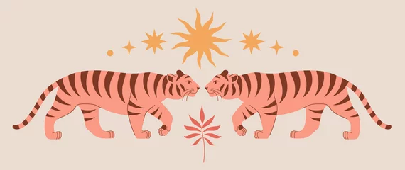 Photo sur Plexiglas Tigre Impression d& 39 art abstrait moderne avec des tigres mignons, une branche tropicale, des étoiles. Style bohème. Scène minimaliste cosmique. Éléments isolés. Protégez l& 39 affiche des animaux sauvages. Image clipart couleurs pastel. Notion magique.
