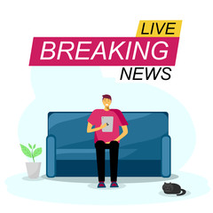 Young man is reading news on tablet and worried about breaking news .he is in his room with his pet Stay home concept.