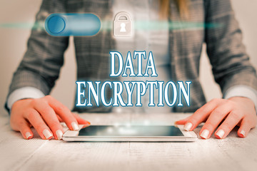 Writing note showing Data Encryption. Business concept for Symmetrickey algorithm for the...