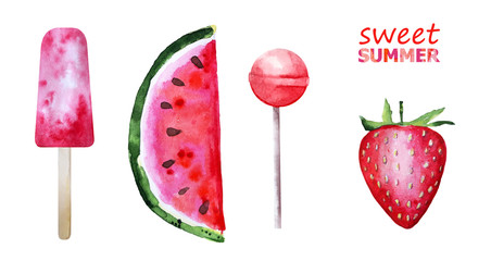 Red sweet set. Set of red watermelon slice, fruit ice pop, lollipop, strawberry. Fresh Summer watercolor illustration. Sweets isolated on white