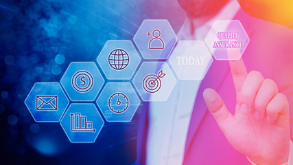 Conceptual hand writing showing Quality Assurance. Concept meaning Ensures a certain level of...