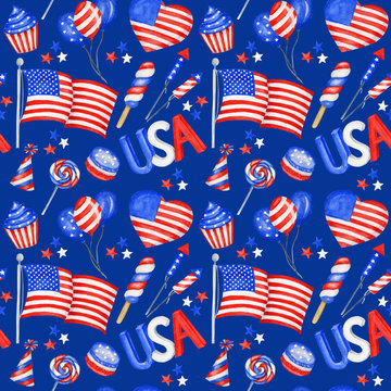 4th of july Seamless pattern. Patriotic american holiday Fourth of July fabric texture in red blue colors. Independence day of America festive background. Watercolor illustration for Scrapbook design