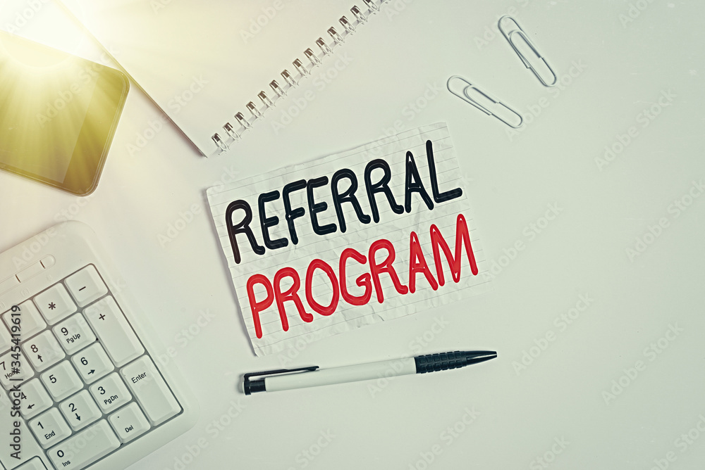 Poster word writing text referral program. business photo showcasing sending own patient to another physici