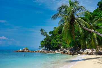 Fototapeta na wymiar Tropical and empfty looking dream beach in Malaysia for holiday