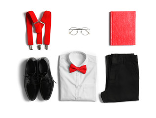 Stylish school uniform on white background