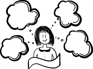 Thinking girl. Thought bubbles.