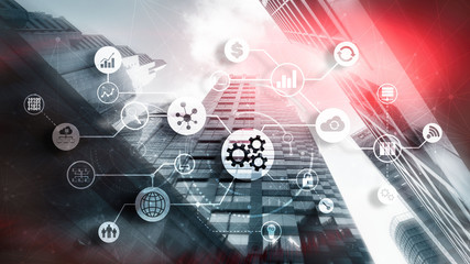 Fintech, Financial Technology and Business concept on modern city background. Gear