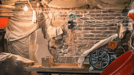 An old room for making flour at a local noodle shop in China, messy and unsanitary, no hygiene in...